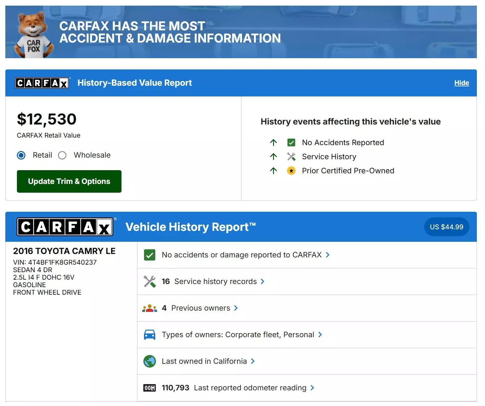 
								2016 TOYOTA CAMRY LE SEDAN 4D full									
